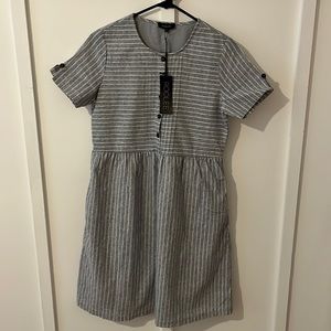 NWT Roolee button front grey with white stripes dress